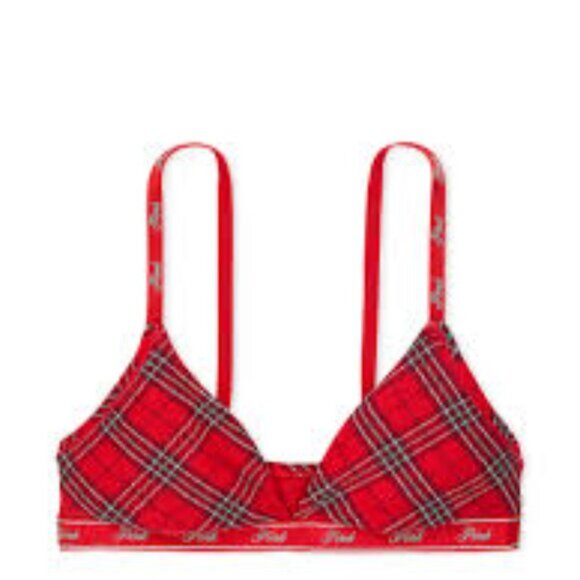 PINK Logo Cotton Triangle Bralette – Red Plaid – Size XXL – NWT - Picture 3 of 12